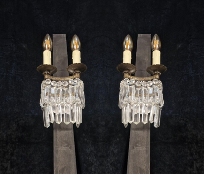 Classical Pair Antique French 2 Arm Crystal Waterfall Brass Wall Lights Sconces