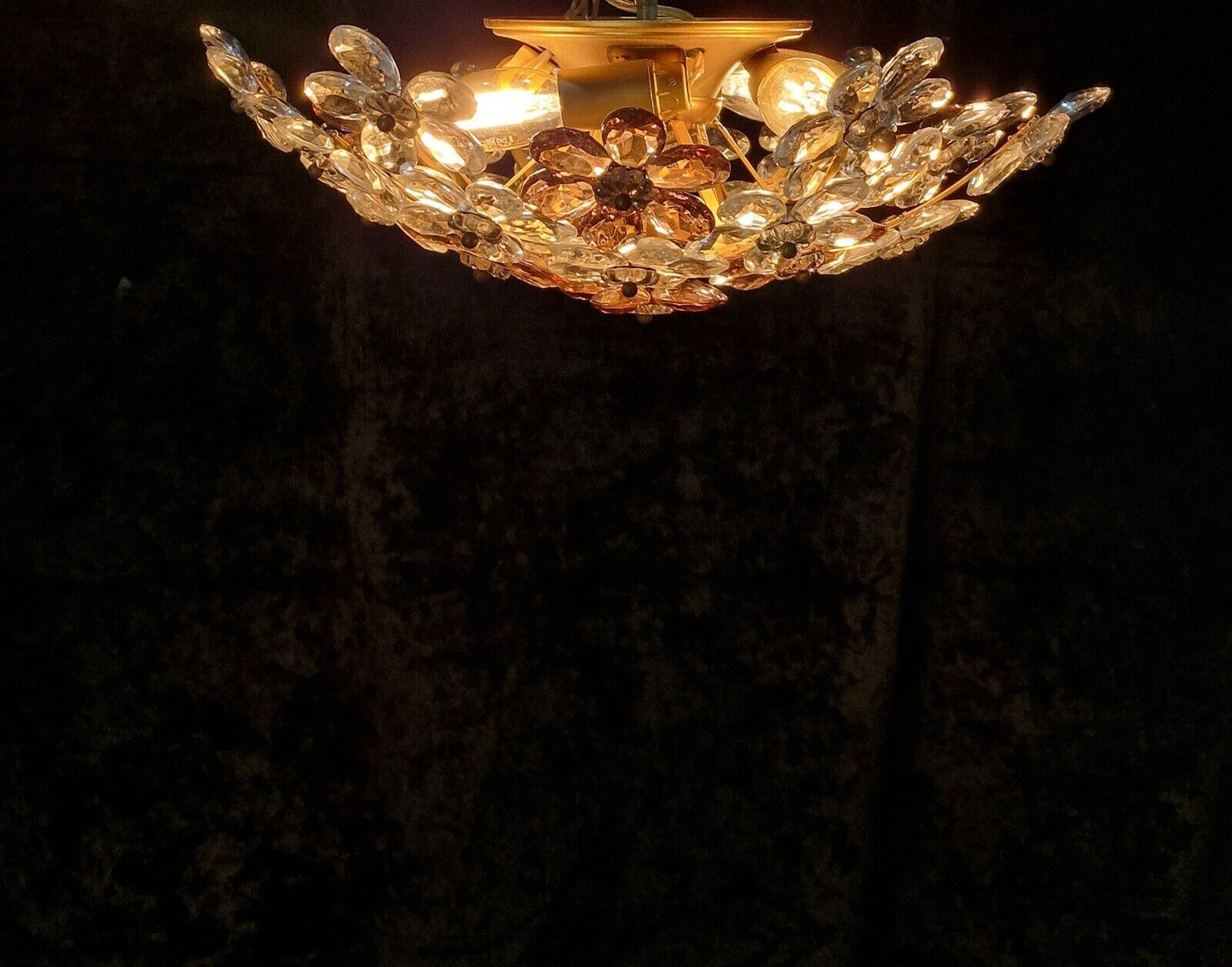 Beautiful Mid Century Italian 4 Light Flush Plafonnier Flower Crystal Chandelier