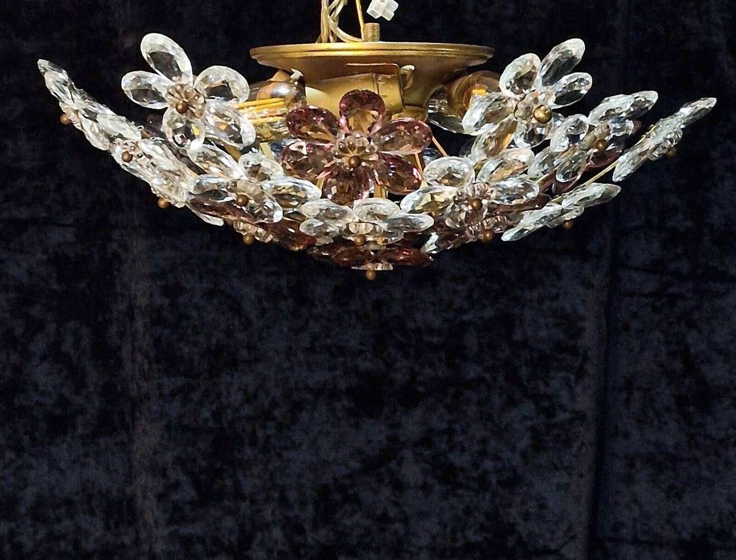 Beautiful Mid Century Italian 4 Light Flush Plafonnier Flower Crystal Chandelier