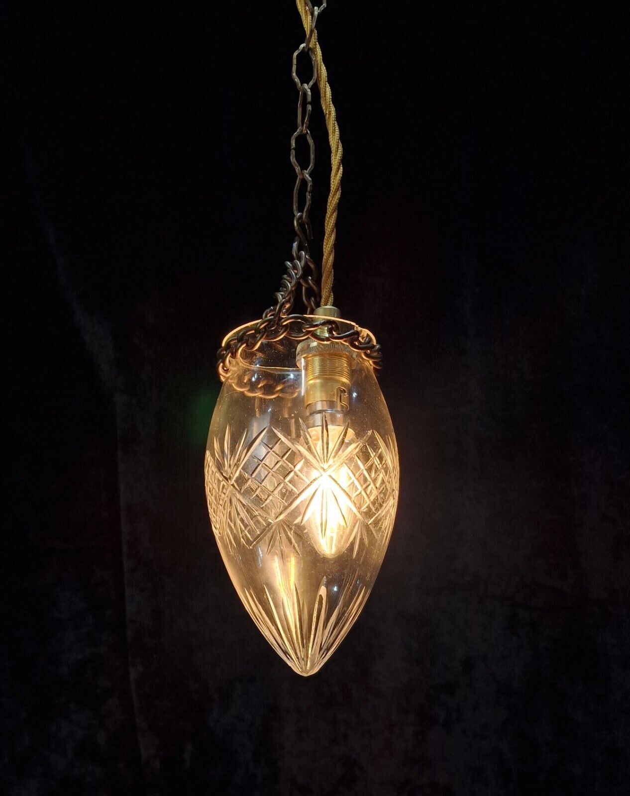 Petite Antique Cut Glass Clear Acorn Hanging Lantern Pendant Light