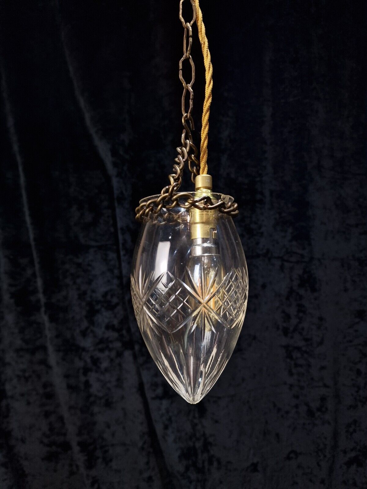 Petite Antique Cut Glass Clear Acorn Hanging Lantern Pendant Light