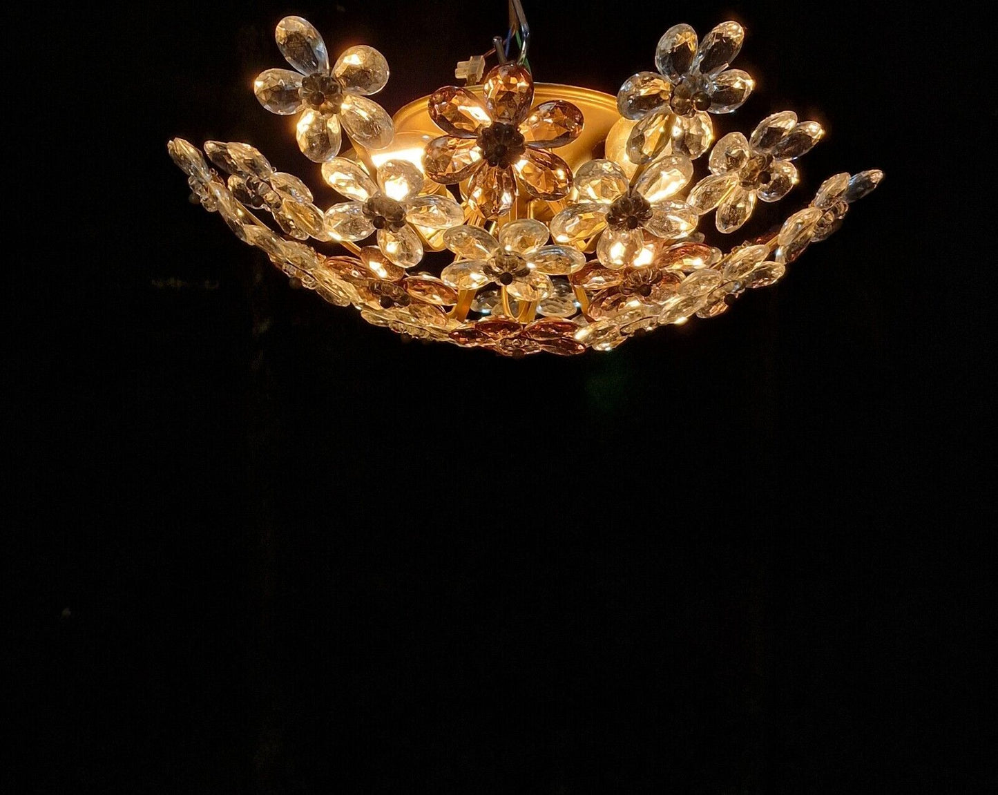 Beautiful Mid Century Italian 4 Light Flush Plafonnier Flower Crystal Chandelier