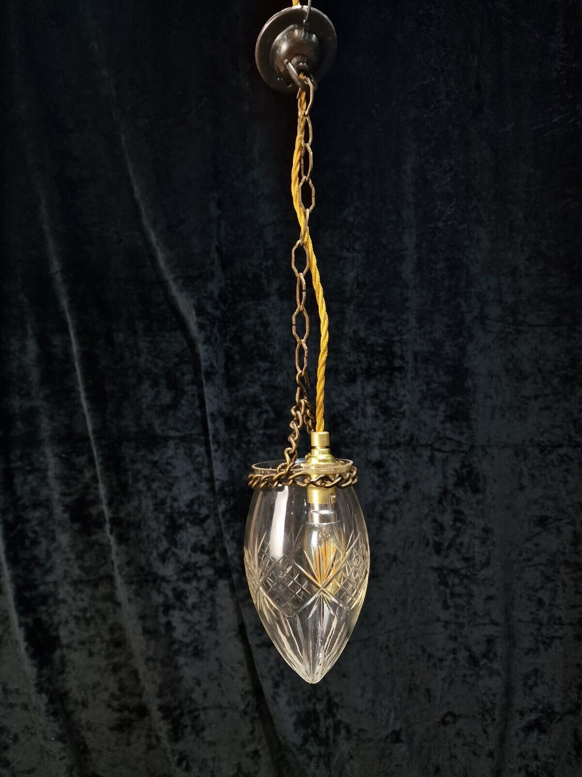 Petite Antique Cut Glass Clear Acorn Hanging Lantern Pendant Light