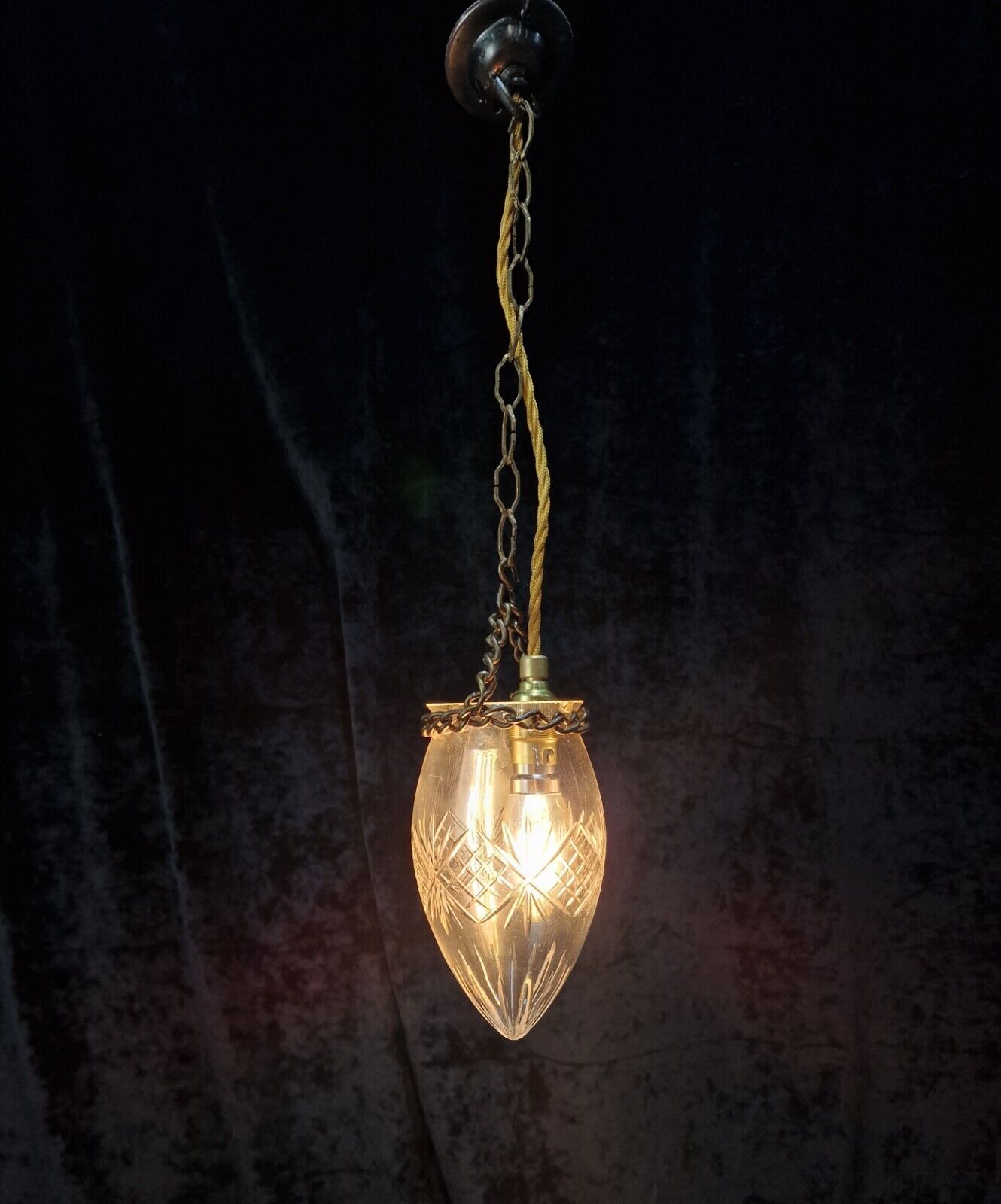 Petite Antique Cut Glass Clear Acorn Hanging Lantern Pendant Light