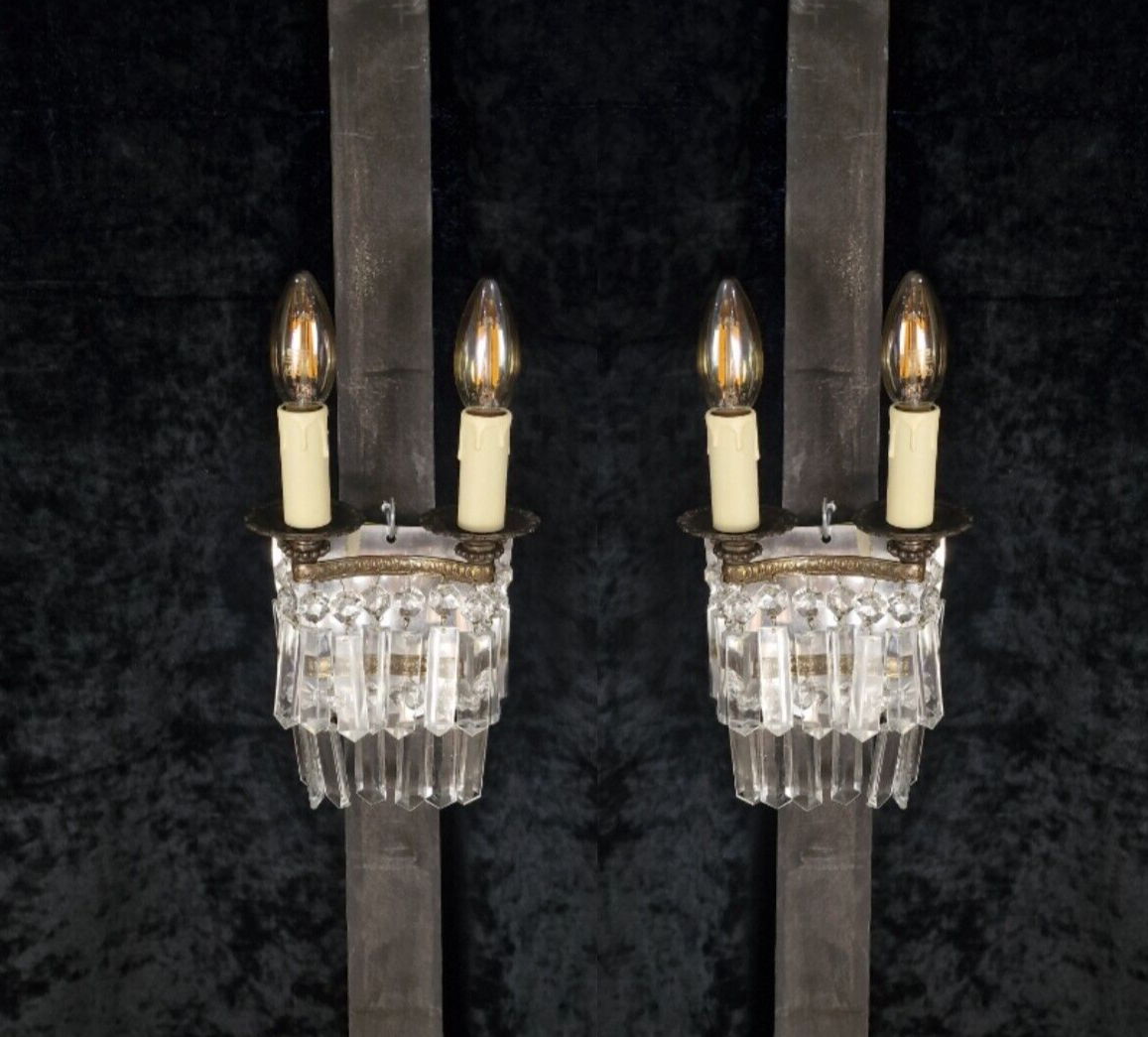 Classical Pair Antique French 2 Arm Crystal Waterfall Brass Wall Lights Sconces