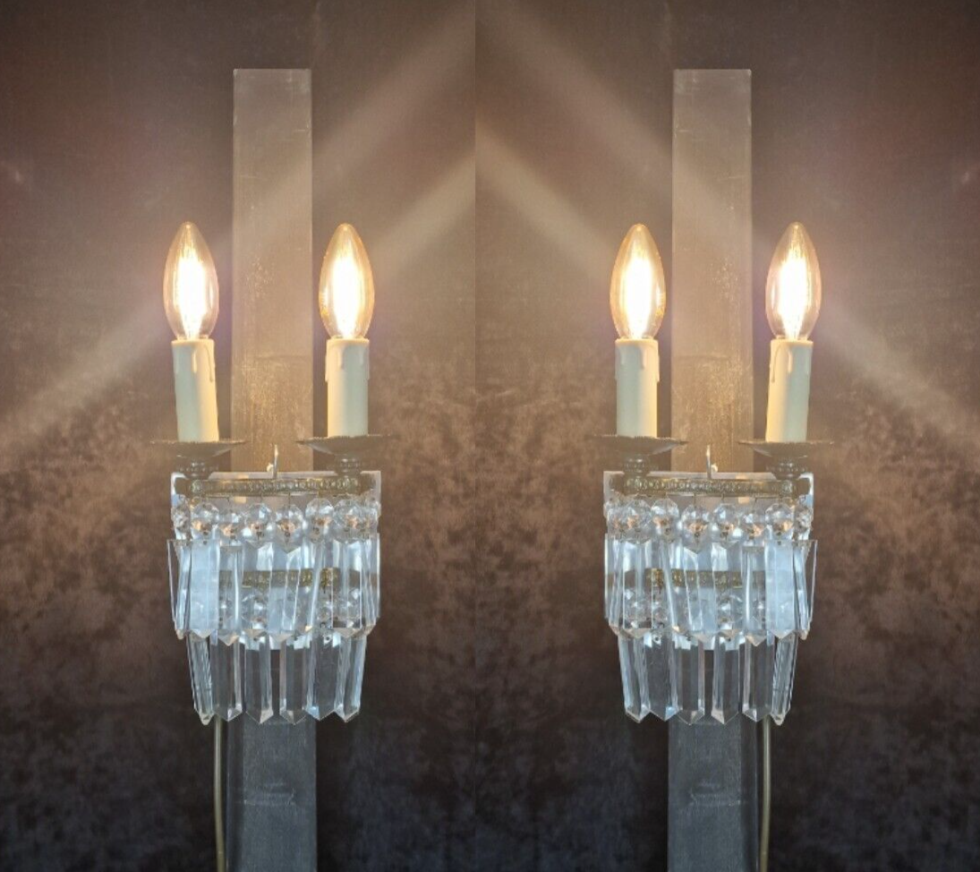 Classical Pair Antique French 2 Arm Crystal Waterfall Brass Wall Lights Sconces