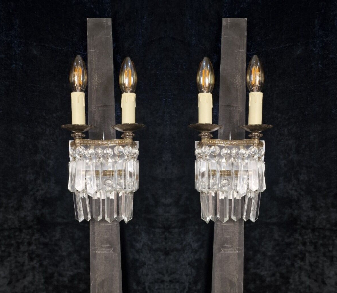 Classical Pair Antique French 2 Arm Crystal Waterfall Brass Wall Lights Sconces