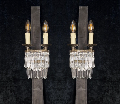 Classical Pair Antique French 2 Arm Crystal Waterfall Brass Wall Lights Sconces