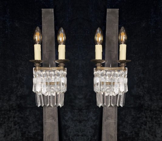 Classical Pair Antique French 2 Arm Crystal Waterfall Brass Wall Lights Sconces